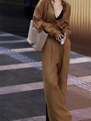Women's Linen Business Set - Brown Shirt & Wide Leg Pants Elegant Professional Attire
