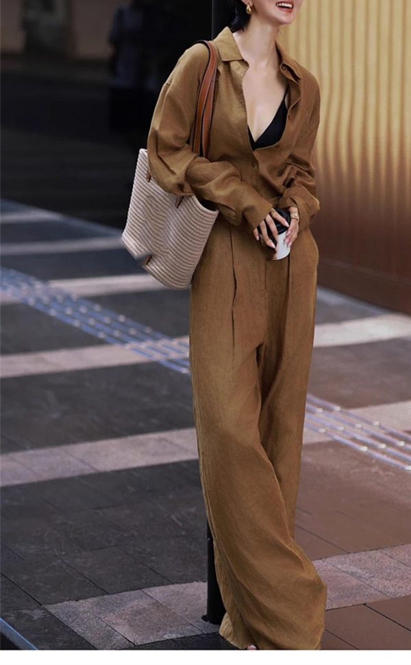 Women's Linen Business Set - Brown Shirt & Wide Leg Pants Elegant Professional Attire
