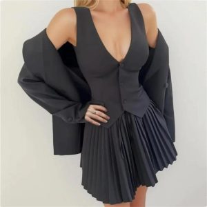 Women's 3-Piece Blazer Suit - Notched Twill Jacket & Bow Waist Pleated Skirt