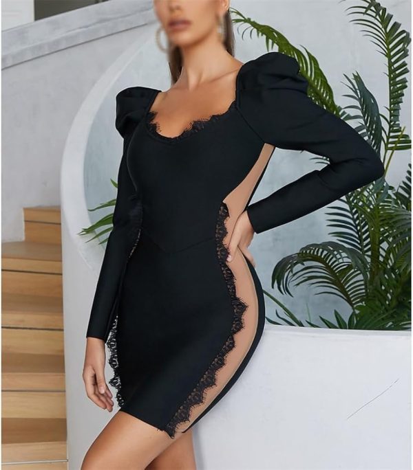 Womens Sexy Black Lace Party Dress V Neck Splicing Bodycon Evening Dinner Cocktail Dress