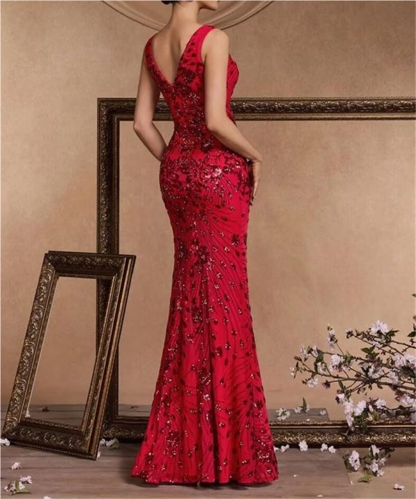 Sequin Evening Dress for Women V Neck Long Slit Formal Gown Wedding Guest Prom Floor Length Party Dress