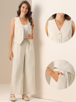Two Piece Outfits for Women's Button Front Sleeveless Vest Wide Leg Pants Matching Sets