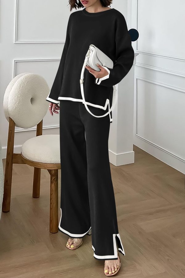 Women's 2 Piece Knit Sweater Set Casual Long Sleeve Pullover Wide Leg Pants Sweatsuit Tracksuit Outfit