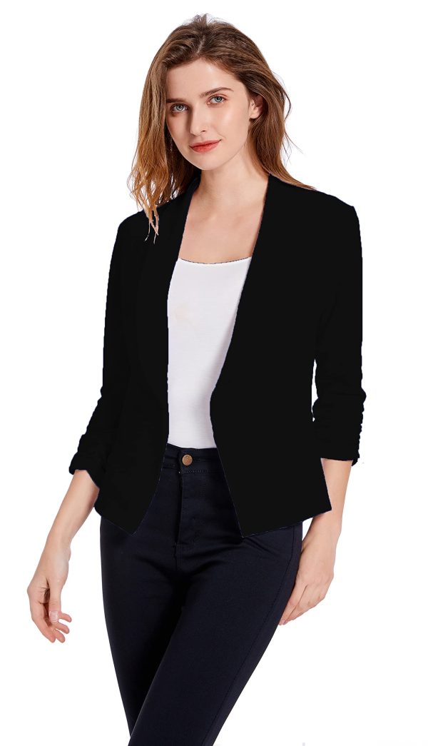 Women's Soft Stretchy Lightweight Cardigan Blazer One Button 3/4 Ruched Sleeve Business Casual Blazer Jackets