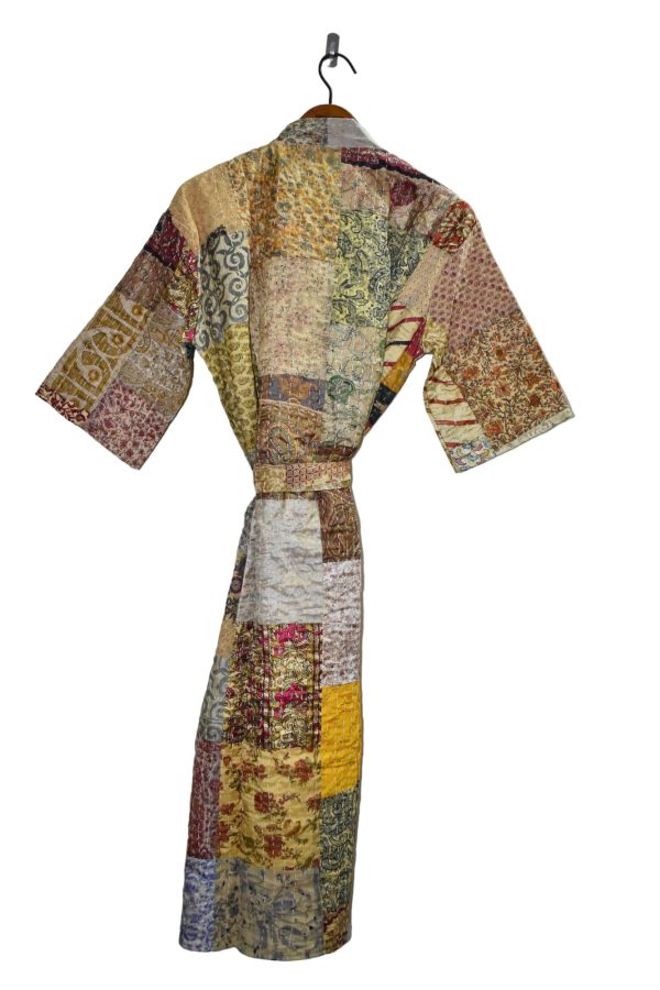 Rajbhoomi Women Kimono Robe Handmade Silk Patola Kantha Quilt Body Warmer Coat Rob Patchwork Overcoat Jacket