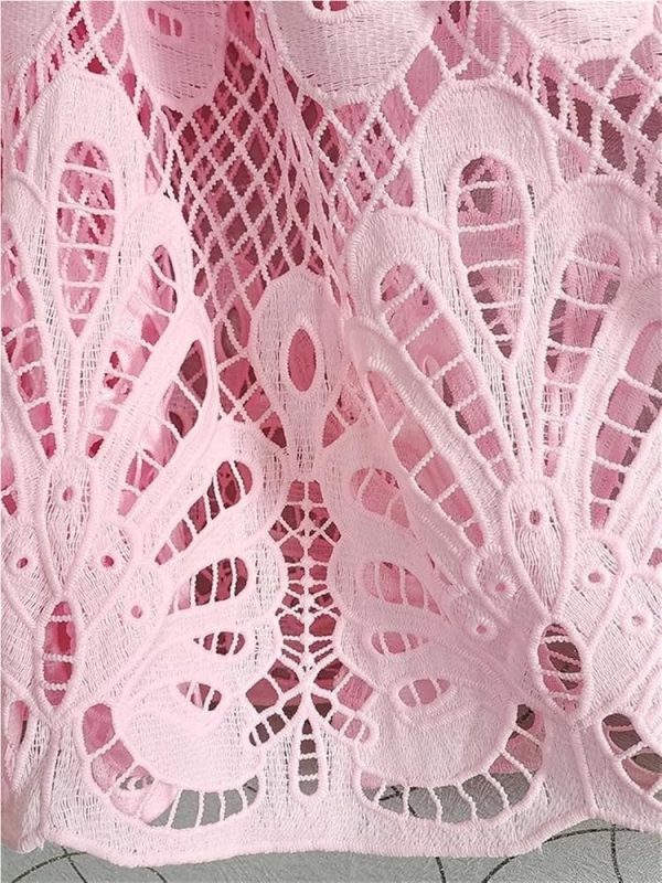 Summer Maxi Dress Women Slim Fit Full Lantern Sleeve Lace Dress Hollow Out Lapel with Belt Elegant Office Work Long Dresses
