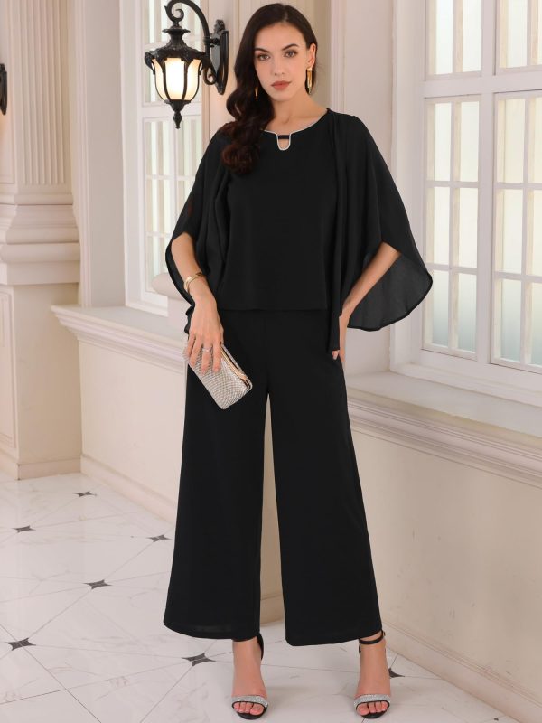 Women's 2 Pieces Sets Elegant Chiffon Sleeve Top Wide Legs Pants Mother of Bride Suits