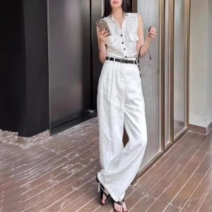 Women's Linen Vest Set - High Waist Wide Leg Pants