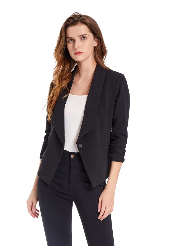 Women's Soft Stretchy Lightweight Cardigan Blazer One Button 3/4 Ruched Sleeve Business Casual Blazer Jackets