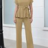 Women's 2 Piece Outfits Suit Set Short Sleeve Peplum Top Flared Pants Sets Business Pantsuits