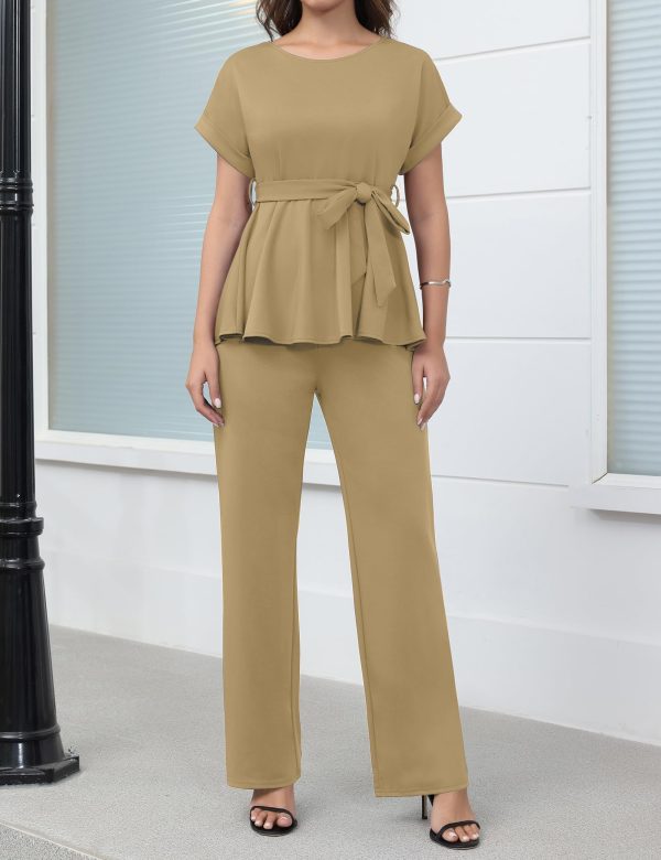 Women's 2 Piece Outfits Suit Set Short Sleeve Peplum Top Flared Pants Sets Business Pantsuits