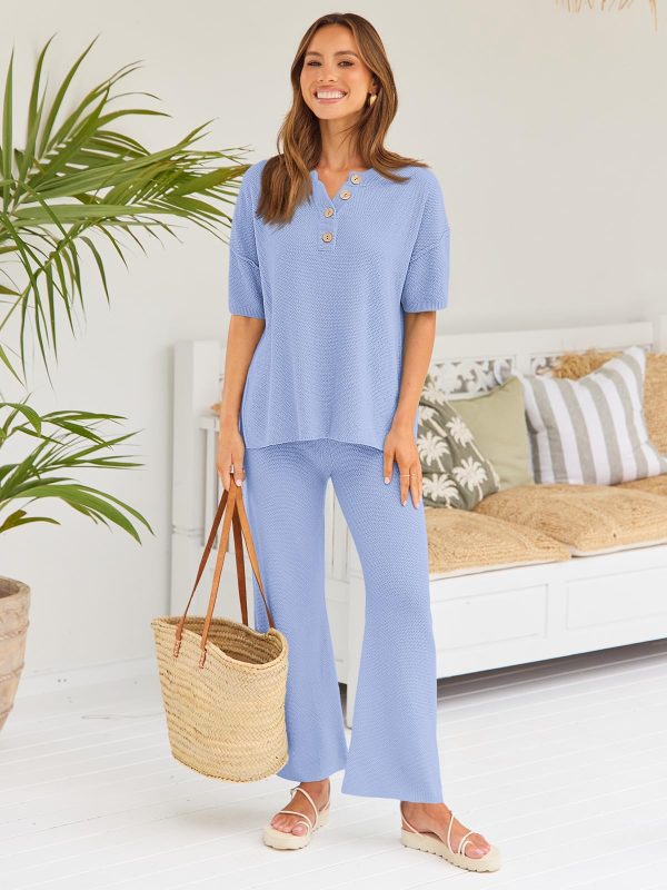 Lounge Sets for Women 2 Piece Casual Outfits Matching Sets Short Sleeve Cozy knit Tops and Elastic Waisted Pants