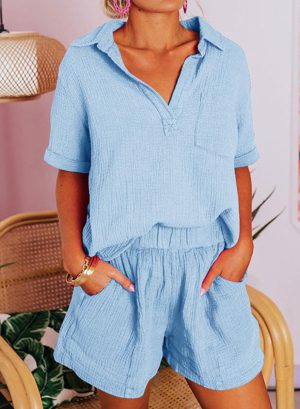 Women's Two Piece Outfits V Neck Short Sleeve Shirts and High Waist Shorts Lounge Sets