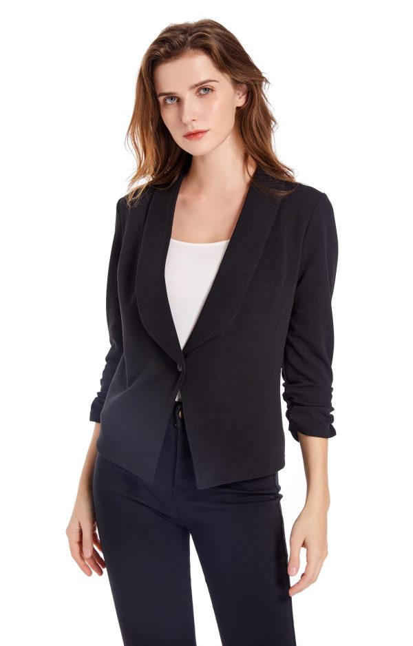 Women's Soft Stretchy Lightweight Cardigan Blazer One Button 3/4 Ruched Sleeve Business Casual Blazer Jackets