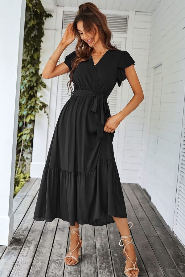 Women's Summer Floral Boho Maxi Dress Wrap Short Sleeve V Neck Ruffle A-Line Flowy Wedding Guest Long Dresses