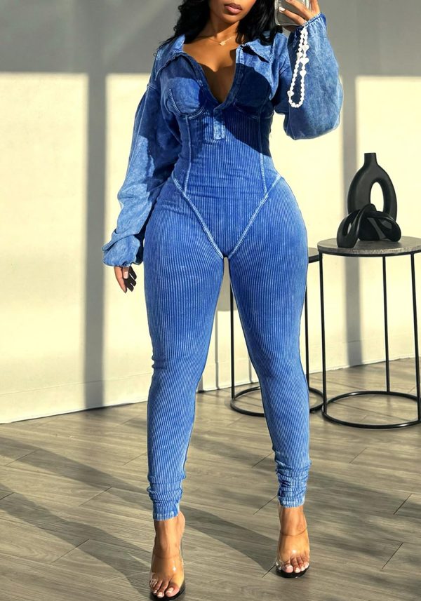Women's Long Sleeve Workout Jumpsuit Sexy V neck Stretchy Ribbed Bodysuits Solid Color Comfy Bodycon Rompers
