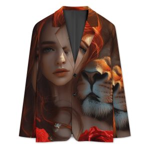 Red Hair Woman Lion Rose Funny Suits Blazer for Men Business Jacket 2 Button Sport Coat Wedding Office