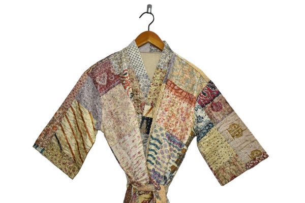 Rajbhoomi Women Kimono Robe Handmade Silk Patola Kantha Quilt Body Warmer Coat Rob Patchwork Overcoat Jacket