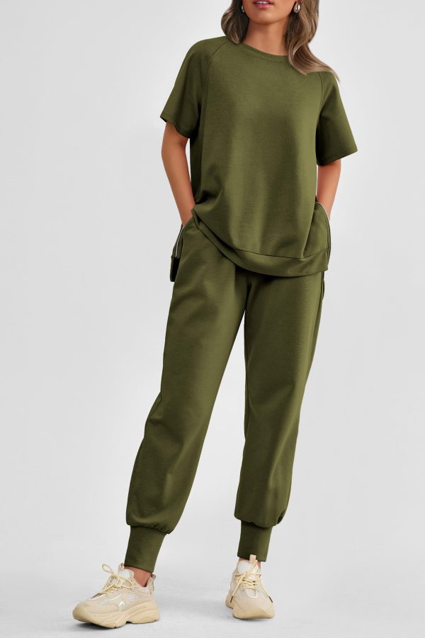 Women's Summer 2 Piece Outfit Tracksuits Casual Short Sleeve Tops High Waisted Sweatpants Set