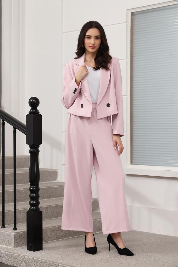 Women's Suit 2 Piece Casual Outfits Cropped Blazer High Waisted Wide Leg Pants for Work