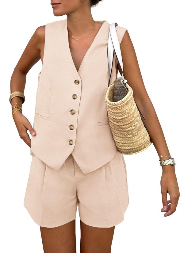 Women's Summer 2 Piece Outfits Sleeveless Matching Sets Button Down V Neck Vest Waistcoat and Pockets Shorts