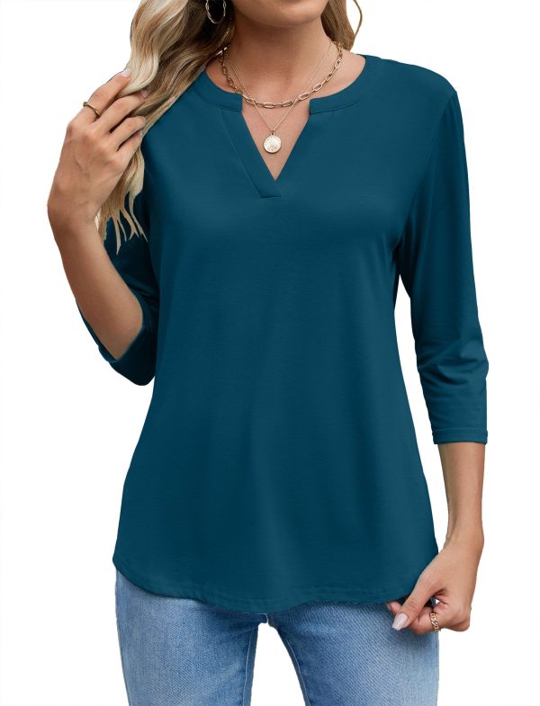 Women's 3/4 Sleeve Shirts V Neck Casual Henley Work Tops Blouses