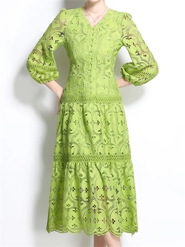 Women Summer Hollow Out Lace Dress Streetwear Long Sleeve Office Party Dress