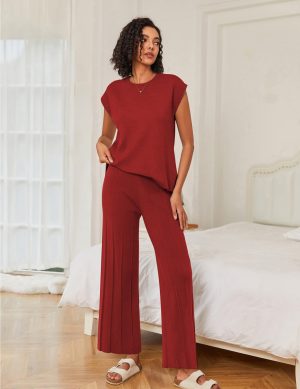 Lounge Sets for Women Two Piece Outfits Knit Cap Sleeve Tops Wide Leg Pleated Pants Casual Dressy Sweater Sets