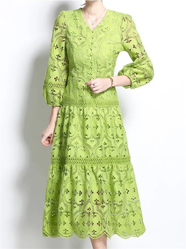 Women Summer Hollow Out Lace Dress Streetwear Long Sleeve Office Party Dress