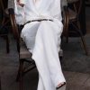 Women's Linen Business Set - Brown Shirt & Wide Leg Pants Elegant Professional Attire