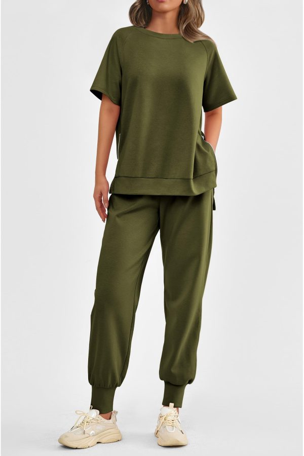 Women's Summer 2 Piece Outfit Tracksuits Casual Short Sleeve Tops High Waisted Sweatpants Set
