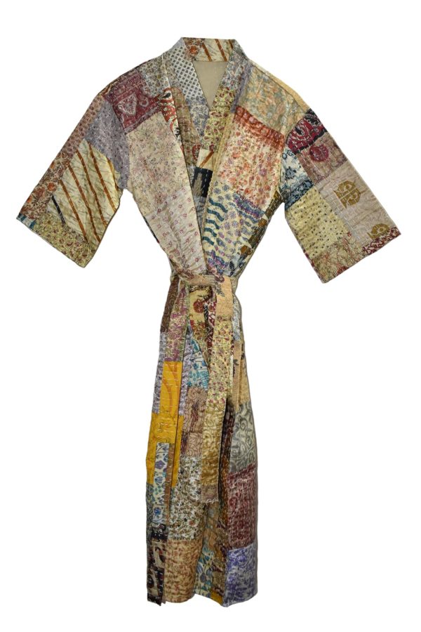 Rajbhoomi Women Kimono Robe Handmade Silk Patola Kantha Quilt Body Warmer Coat Rob Patchwork Overcoat Jacket