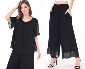 Women's 2 Piece Chiffon Sets Outfits Flowy Summer Casual Dressy Pantsuits Double Layers Blouse Capris Pants Suits