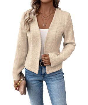 2025 Women's Spring Tweed Blazer Fully-Lined Collarless Open Front Elegant Petite Cute Fashion Casual Work Jacket