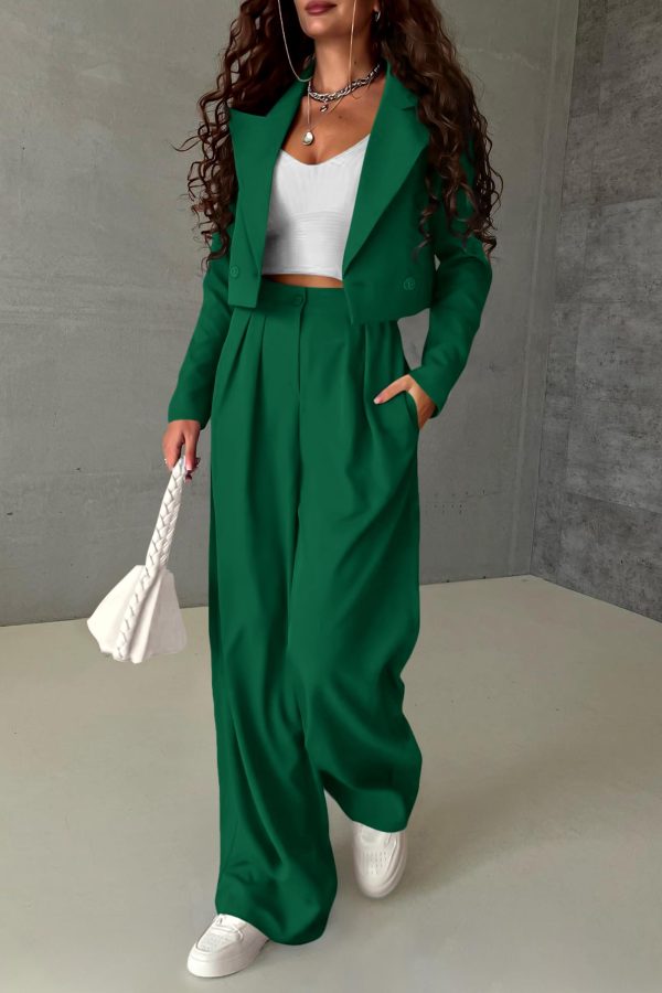 Women's 2 Piece Casual Outfits Cropped Blazer Jackets High Waisted Wide Leg Work Pants Suit Set