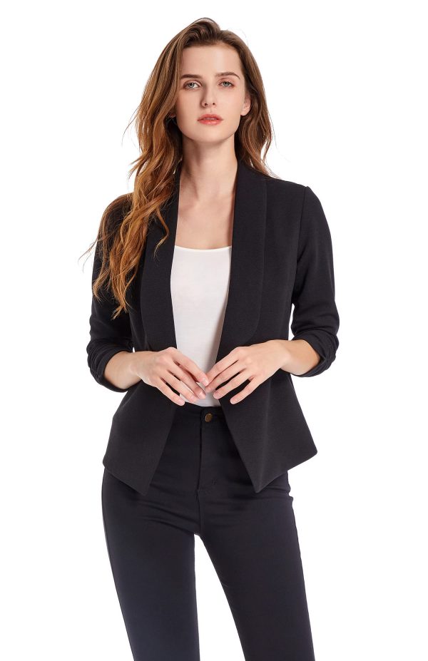 Women's Soft Stretchy Lightweight Cardigan Blazer One Button 3/4 Ruched Sleeve Business Casual Blazer Jackets