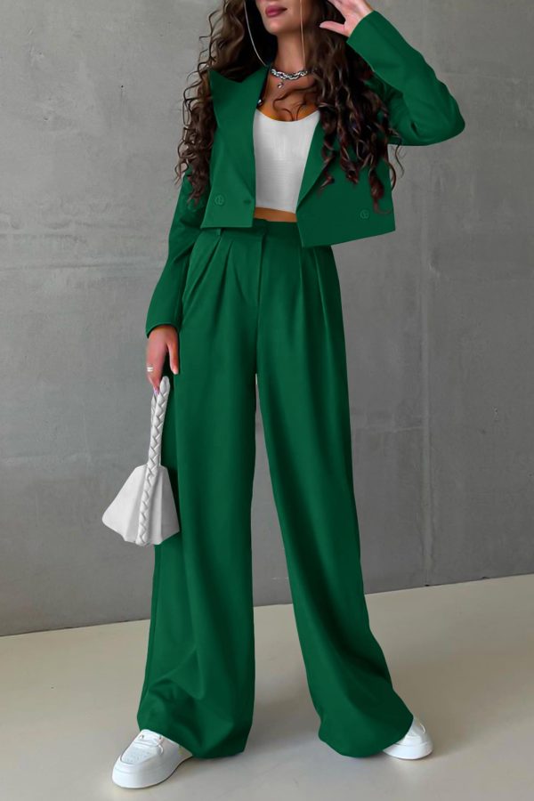 Women's 2 Piece Casual Outfits Cropped Blazer Jackets High Waisted Wide Leg Work Pants Suit Set