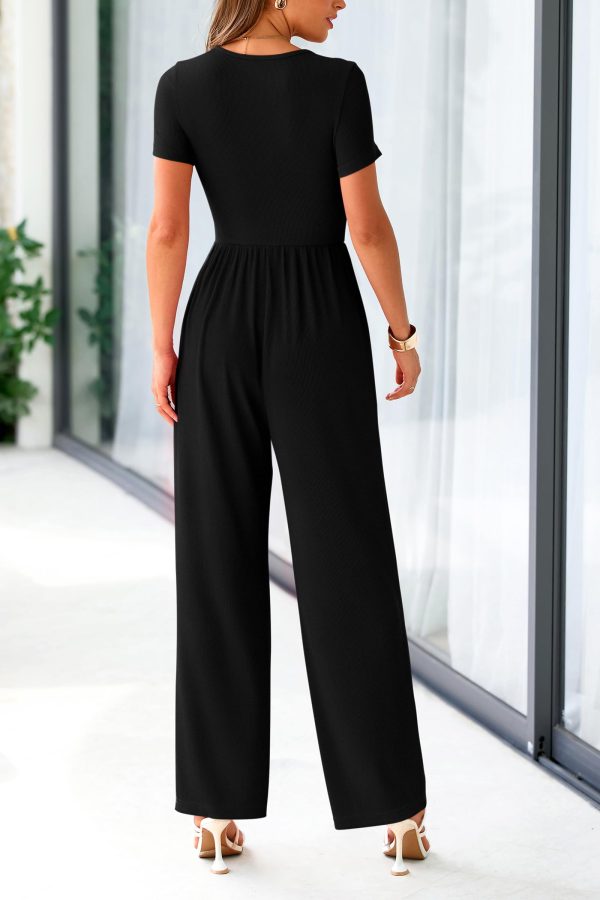 Women's Summer One Piece Jumpsuits Dressy Casual Short Sleeve Square Neck Wide Leg Jumpsuit Rompers
