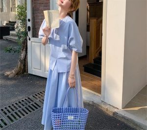 Women's French Style Summer 2-Piece Set Elegant V-Neck Short Sleeve Shirt and High Waist Skirt Outfit