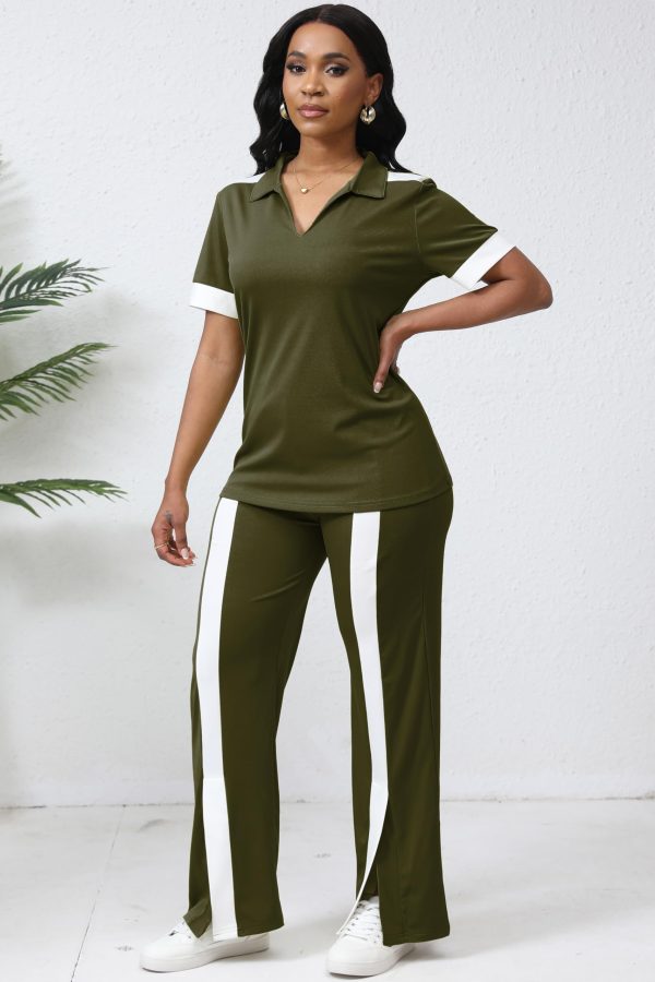 Women's Lounge 2 Peice Outfit Dressy Casual Short Sleeve Flared Slit Wide Leg Pants Set Match Sweatsuit