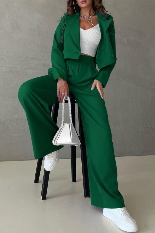 Women's 2 Piece Casual Outfits Cropped Blazer Jackets High Waisted Wide Leg Work Pants Suit Set