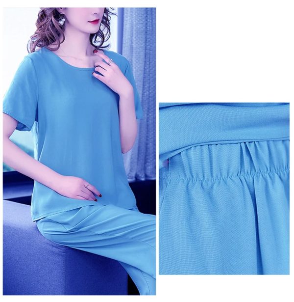 Women's Summer Loungewear - Light Blue Cotton Blend Tee & Capris Moisture-Wicking