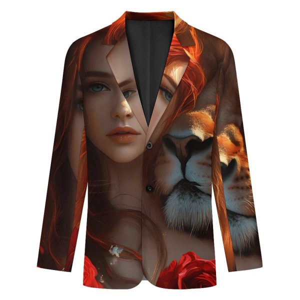Red Hair Woman Lion Rose Funny Suits Blazer for Men Business Jacket 2 Button Sport Coat Wedding Office