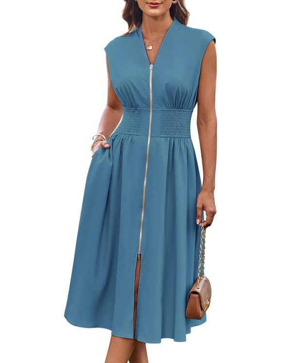Womens Summer Casual Dress V Neck Cap Sleeve Zipper Front Flowy Midi Dress with Pockets