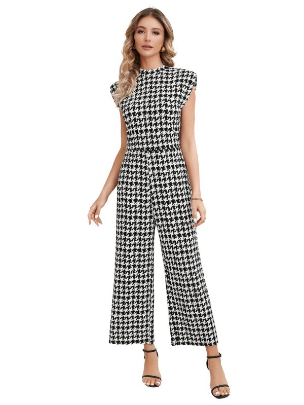 Women's Houndstooth Mock Neck Cap Sleeve Wide Leg Jumpsuit Pants