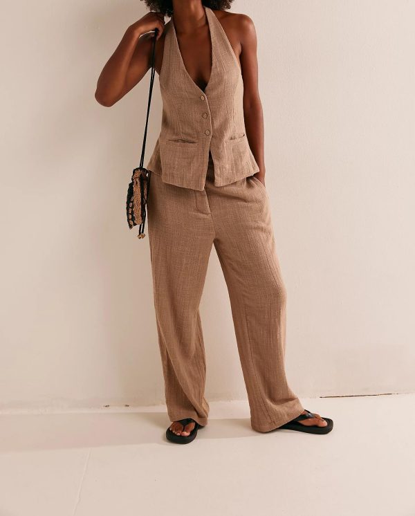 Womens 2 Piece Outfits Button Up Sexy Low Back Halter Vest Wide Leg Pants Cotton Linen Set Casual Dressy Suit Set