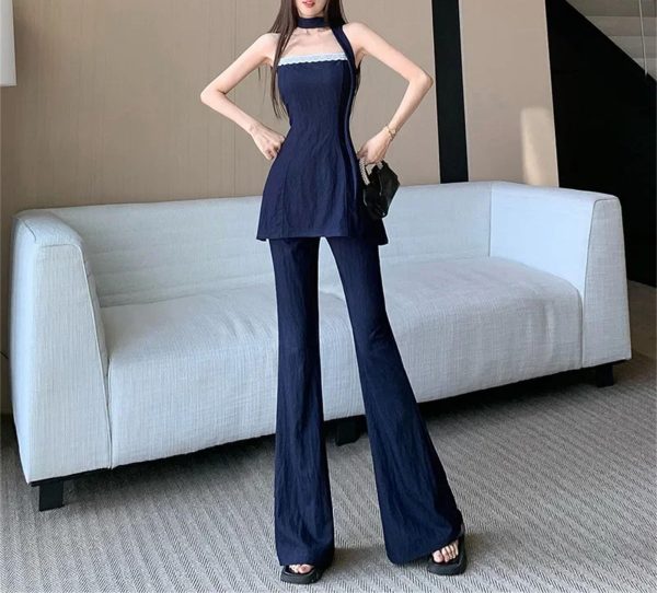 Women's Lace Trim Set - V-Neck Halter Top & Draped Pants