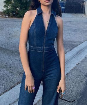 Denim Jumpsuit for Women Sexy Slim Fit Zipper Sleeveless V-Neck High Waist Fashion Jean Pants Rompers