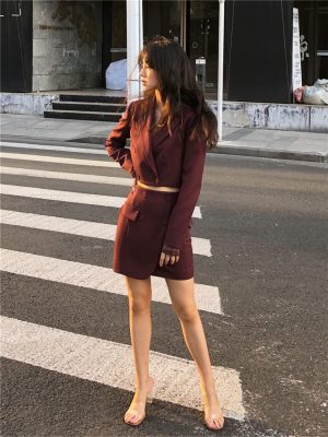 Spring Summer Stylish Blazer Suits Sets Women Crop Coat High Waist Pocket Mini Skirts Outfit Suits
