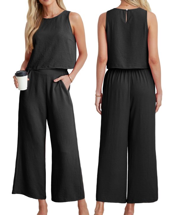 Women's Summer 2 Piece Outfits Set Round neck Sleeveless Tank Crop Top Wide Leg pants Set Pockets Jumpsuits